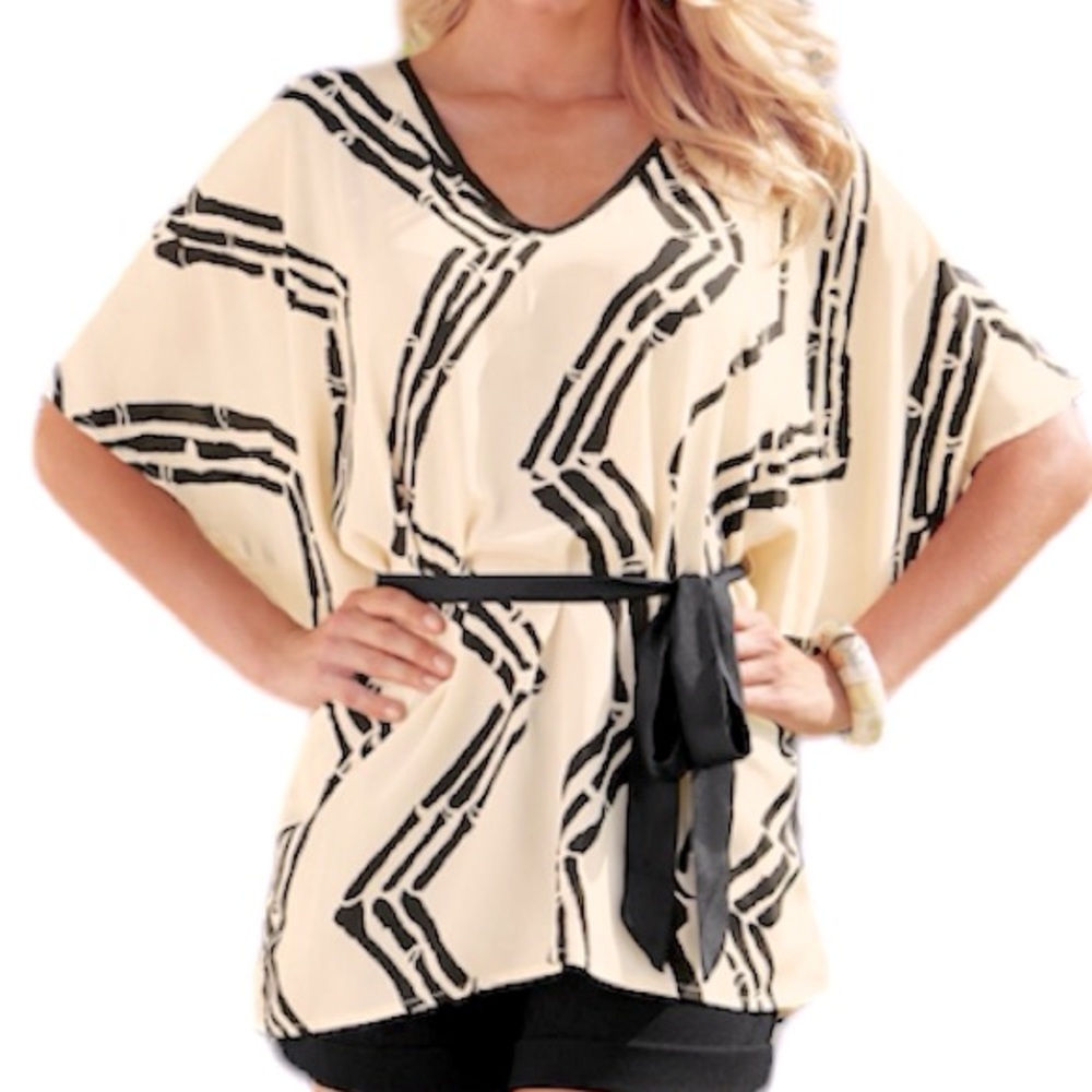 Venus V-Neck Ivory Black Summer Belted Flowing Top Small